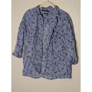 Monoprix Femme Blue 100% Linen Leaf Button Down Shirt 3/4 Sleeve Top Size 2